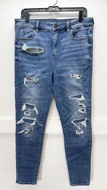 American Eagle Jegging Jeans 14 Hi Rise Next Level Blue Denim Distressed Patches